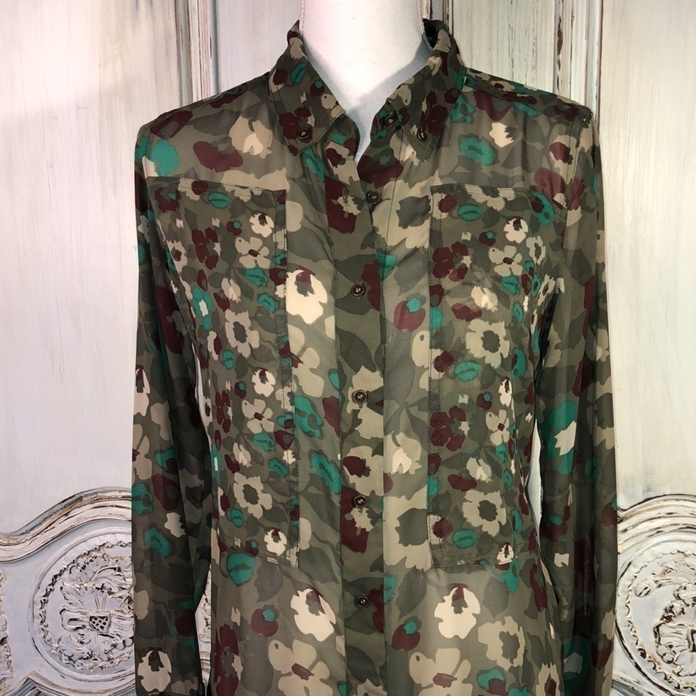 L’Amour by Nanette Lepore Sheer Long Sleeve Button Down Dress S/M - Picture 2 of 14